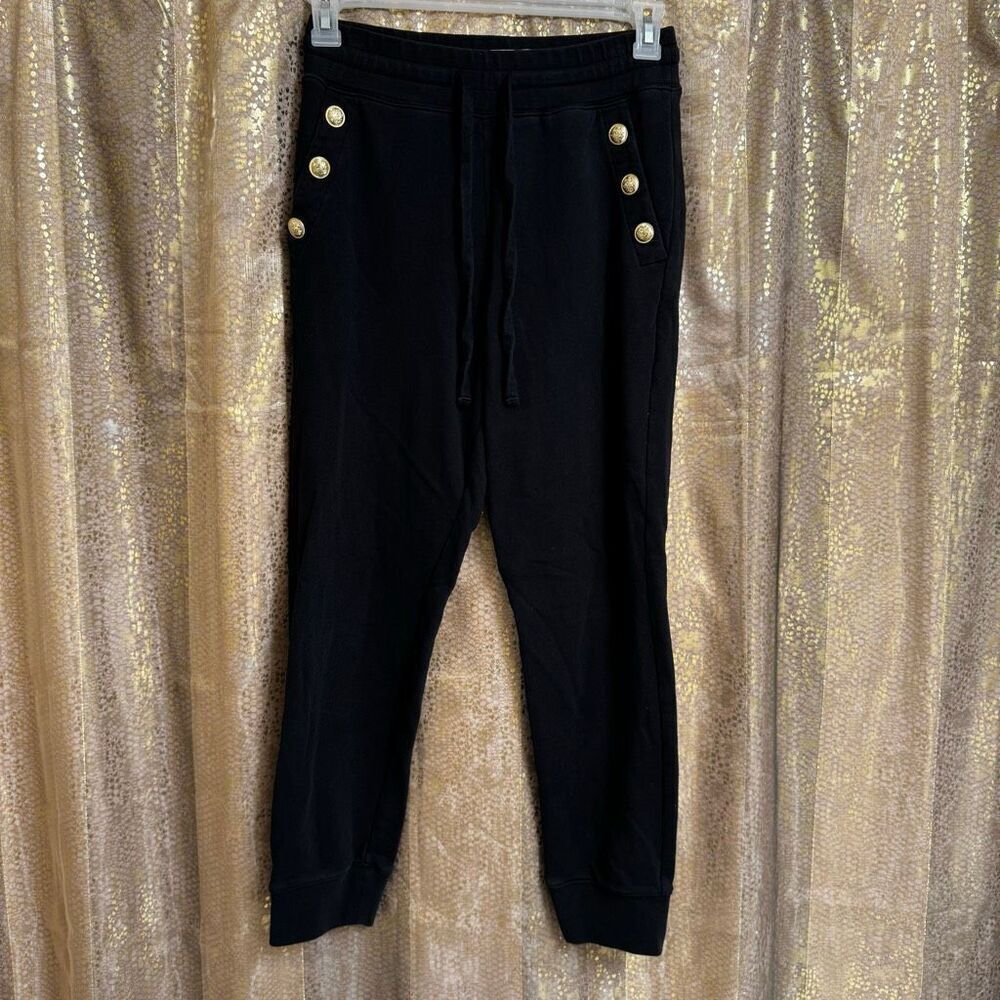 Derek Lam 10 Crosby Jax Sailor Straight-Leg Sweatpants Black Gold Button Small